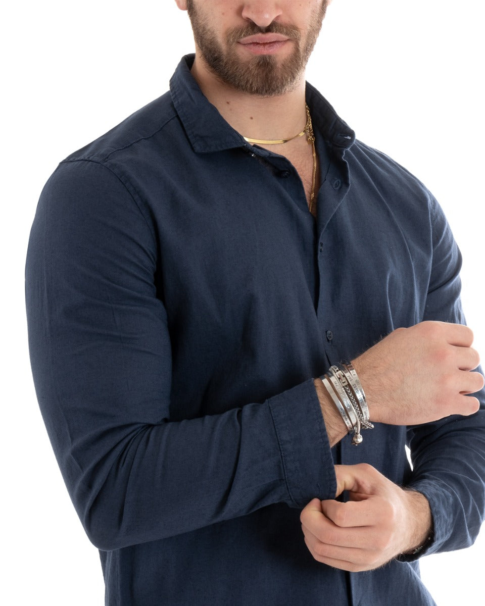 Camicia Uomo Lino Collo Francese Casual Sartoriale Tinta Unita Blu GIOSAL-C2712A