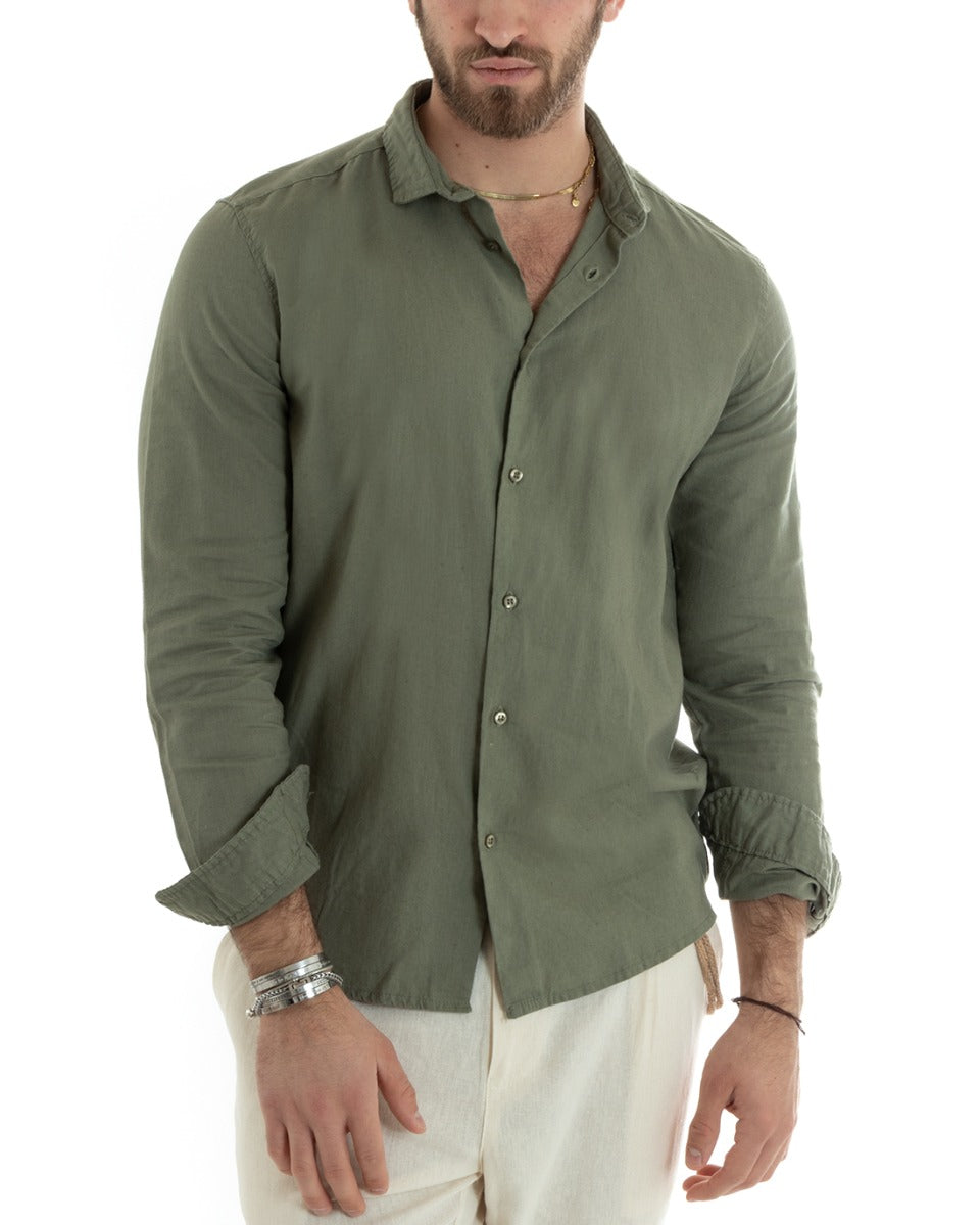 Camicia Uomo Lino Collo Francese Casual Sartoriale Tinta Unita Verde Militare GIOSAL-C2713A