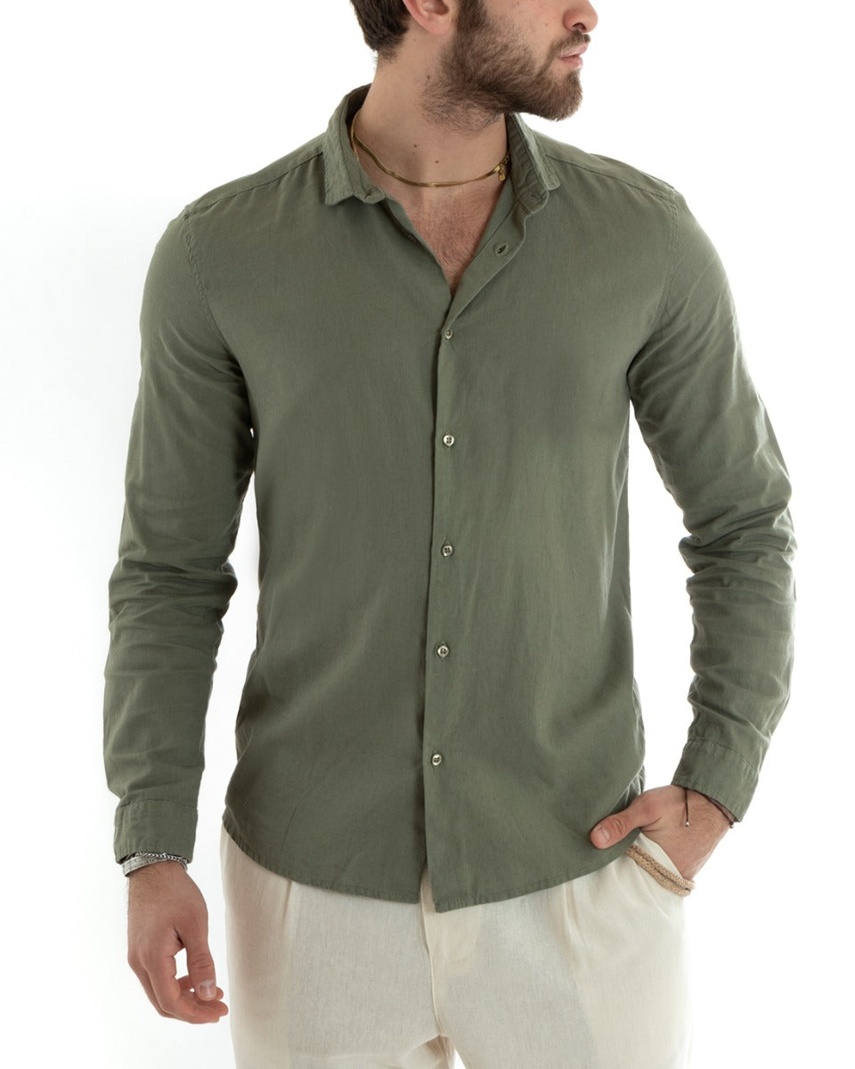 Camicia Uomo Lino Collo Francese Casual Sartoriale Tinta Unita Verde Militare GIOSAL-C2713A
