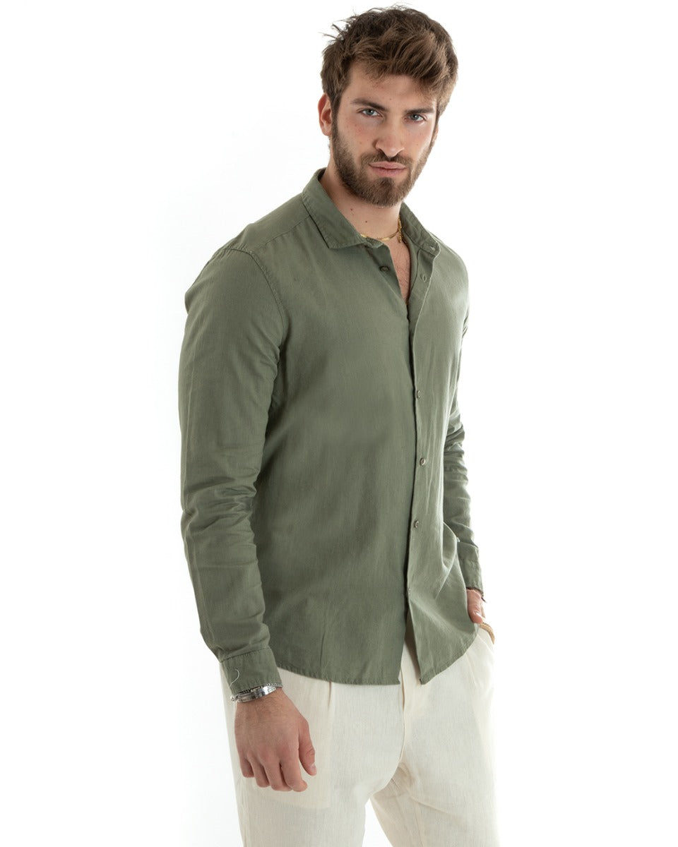 Camicia Uomo Lino Collo Francese Casual Sartoriale Tinta Unita Verde Militare GIOSAL-C2713A