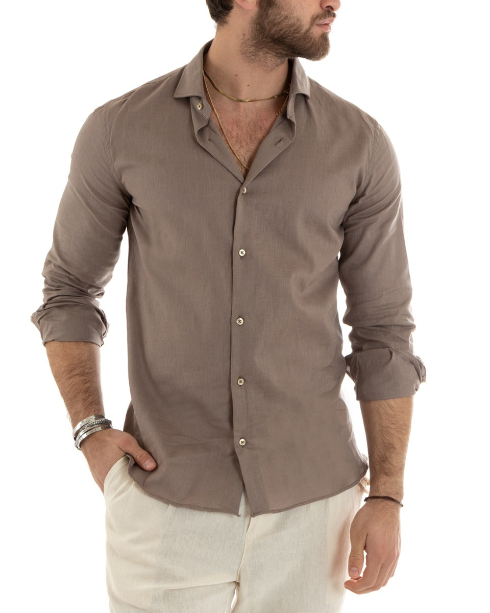 Camicia Uomo Lino Collo Francese Casual Sartoriale Tinta Unita Fango GIOSAL-C2714A