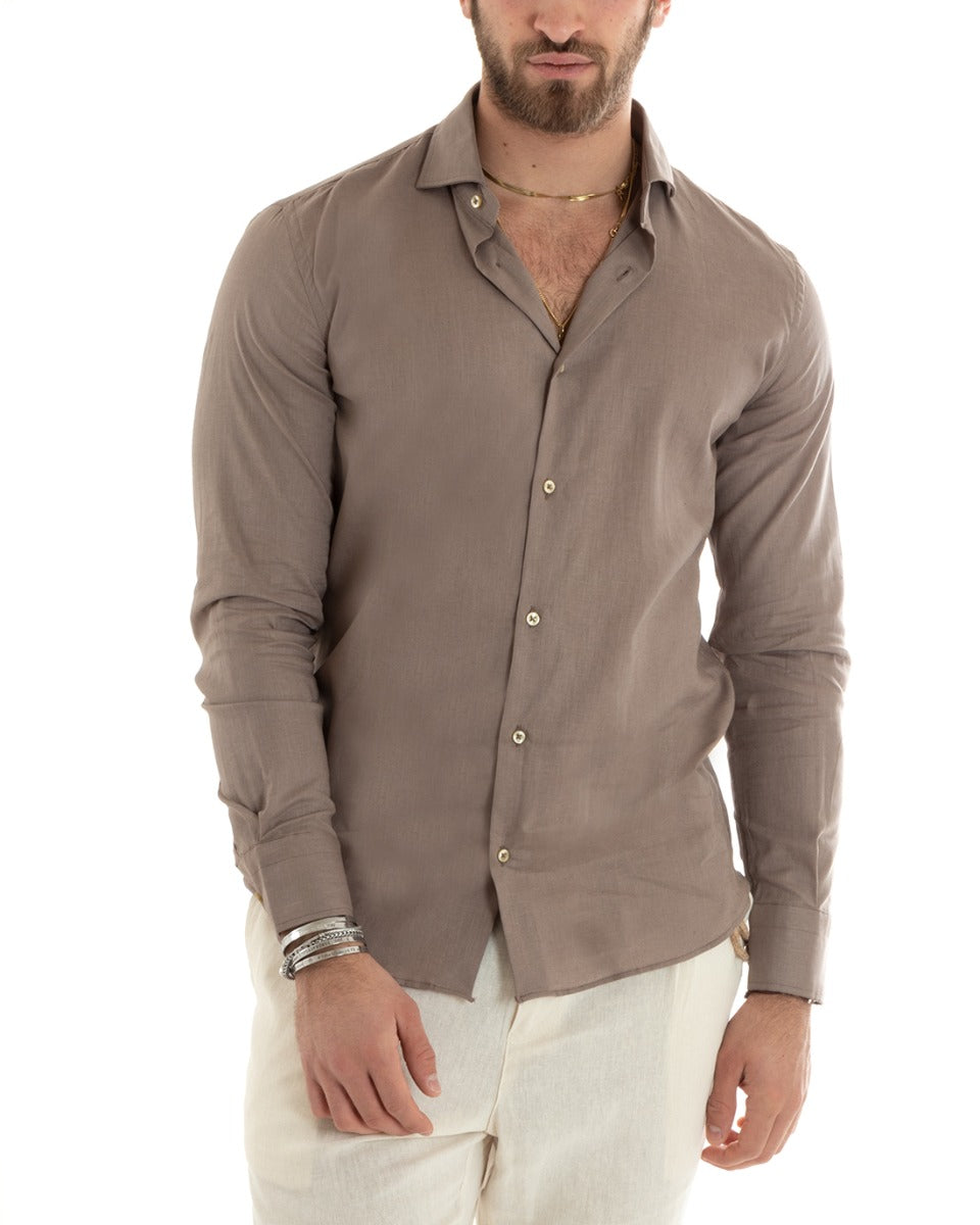 Camicia Uomo Lino Collo Francese Casual Sartoriale Tinta Unita Fango GIOSAL-C2714A