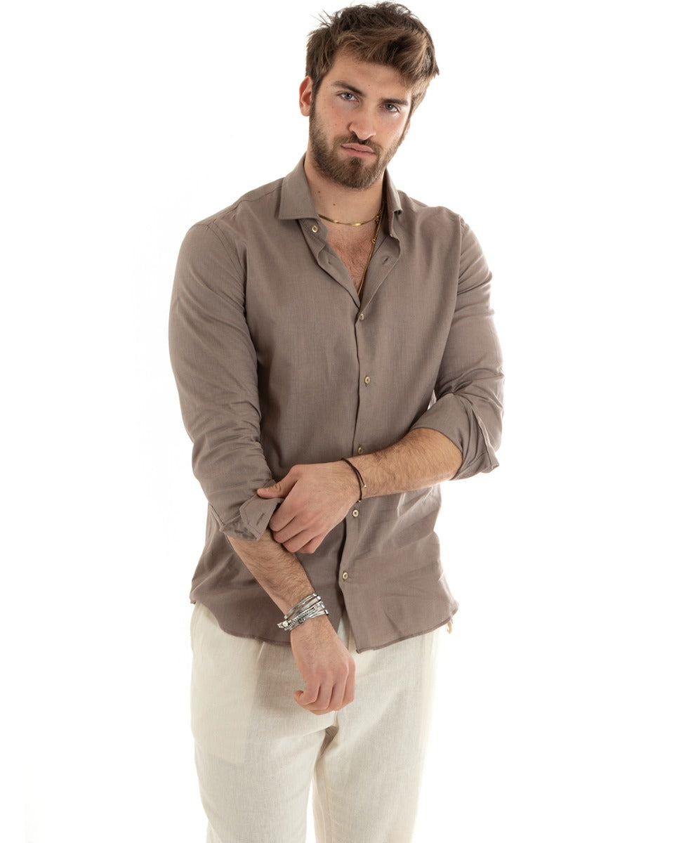 Camicia Uomo Lino Collo Francese Casual Sartoriale Tinta Unita Fango GIOSAL-C2714A