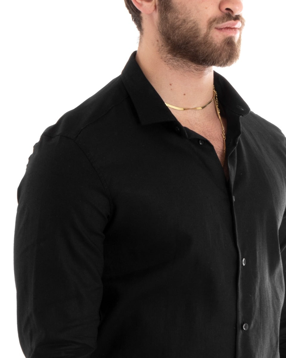 Camicia Uomo Lino Collo Francese Casual Sartoriale Tinta Unita Nero GIOSAL-C2715A