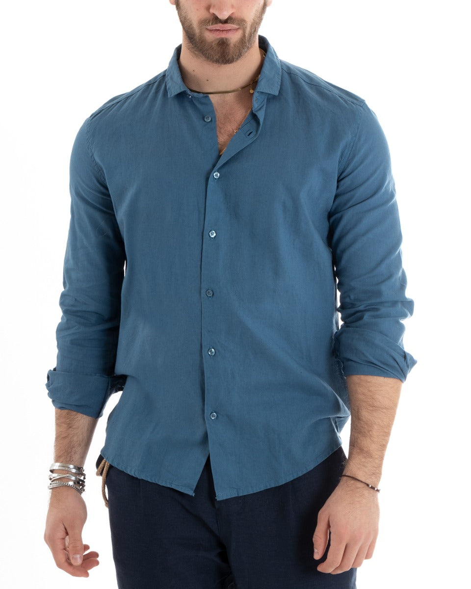 Camicia Uomo Lino Collo Francese Casual Sartoriale Tinta Unita Avio GIOSAL-C2716A