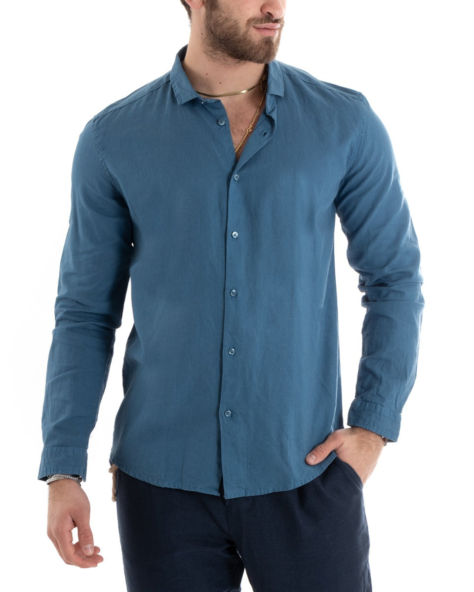 Camicia Uomo Con Colletto Tinta Unita Avio Lino Manica Lunga Casual Sartoriale GIOSAL-C2716A