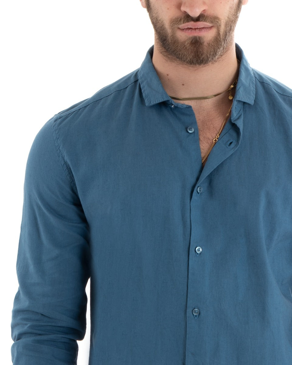 Camicia Uomo Lino Collo Francese Casual Sartoriale Tinta Unita Avio GIOSAL-C2716A