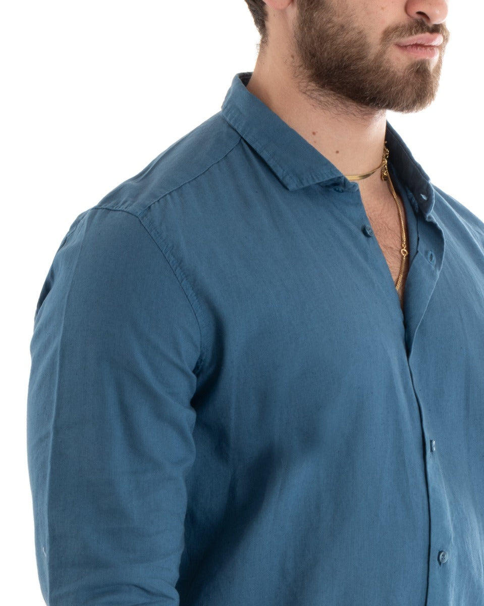 Camicia Uomo Lino Collo Francese Casual Sartoriale Tinta Unita Avio GIOSAL-C2716A