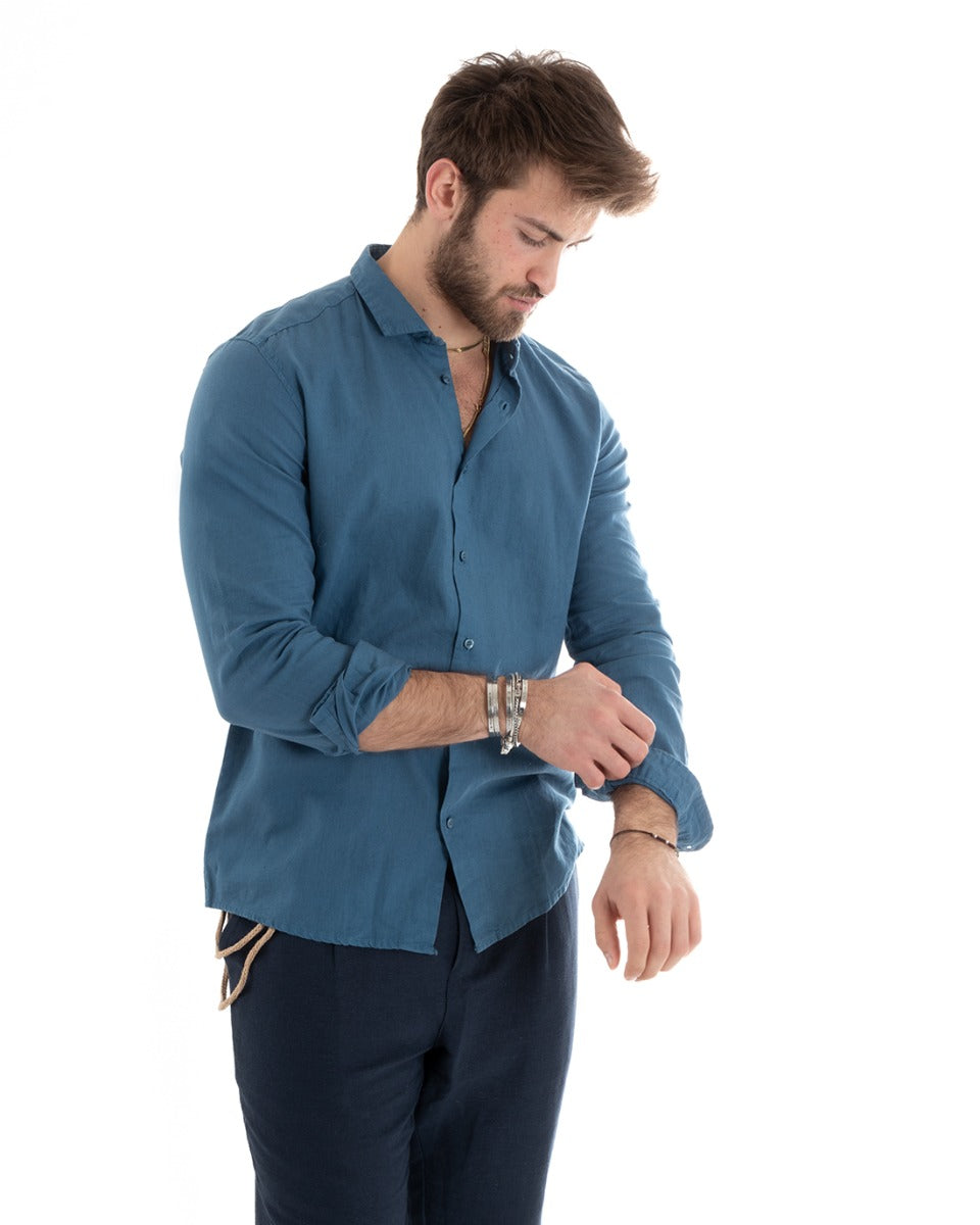 Camicia Uomo Lino Collo Francese Casual Sartoriale Tinta Unita Avio GIOSAL-C2716A