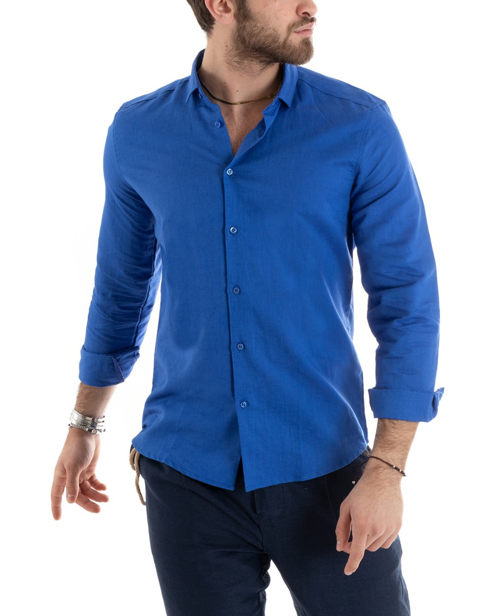 Camicia Uomo Lino Collo Francese Casual Sartoriale Tinta Unita Blu Royal GIOSAL-C2717A