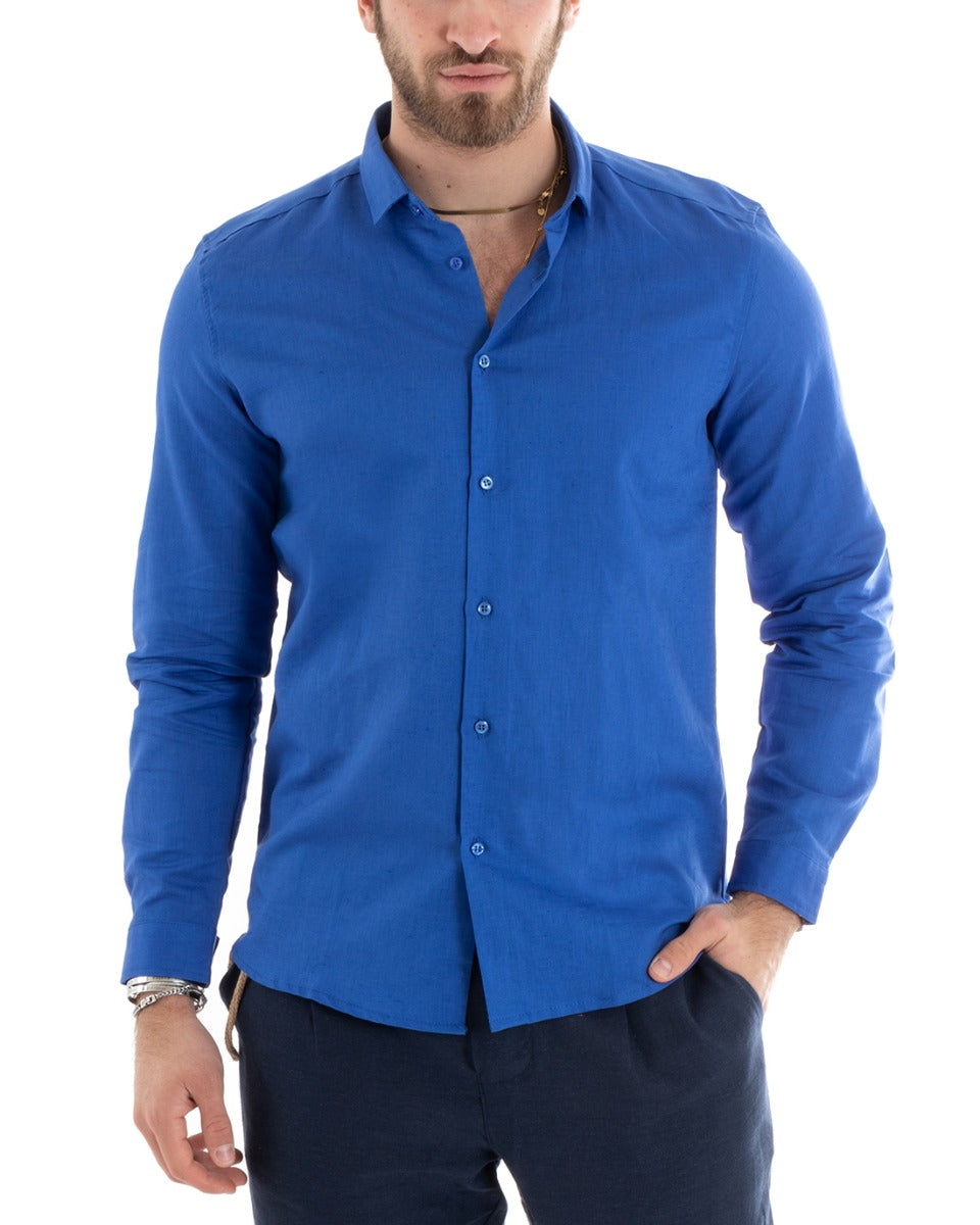 Camicia Uomo Lino Collo Francese Casual Sartoriale Tinta Unita Blu Royal GIOSAL-C2717A
