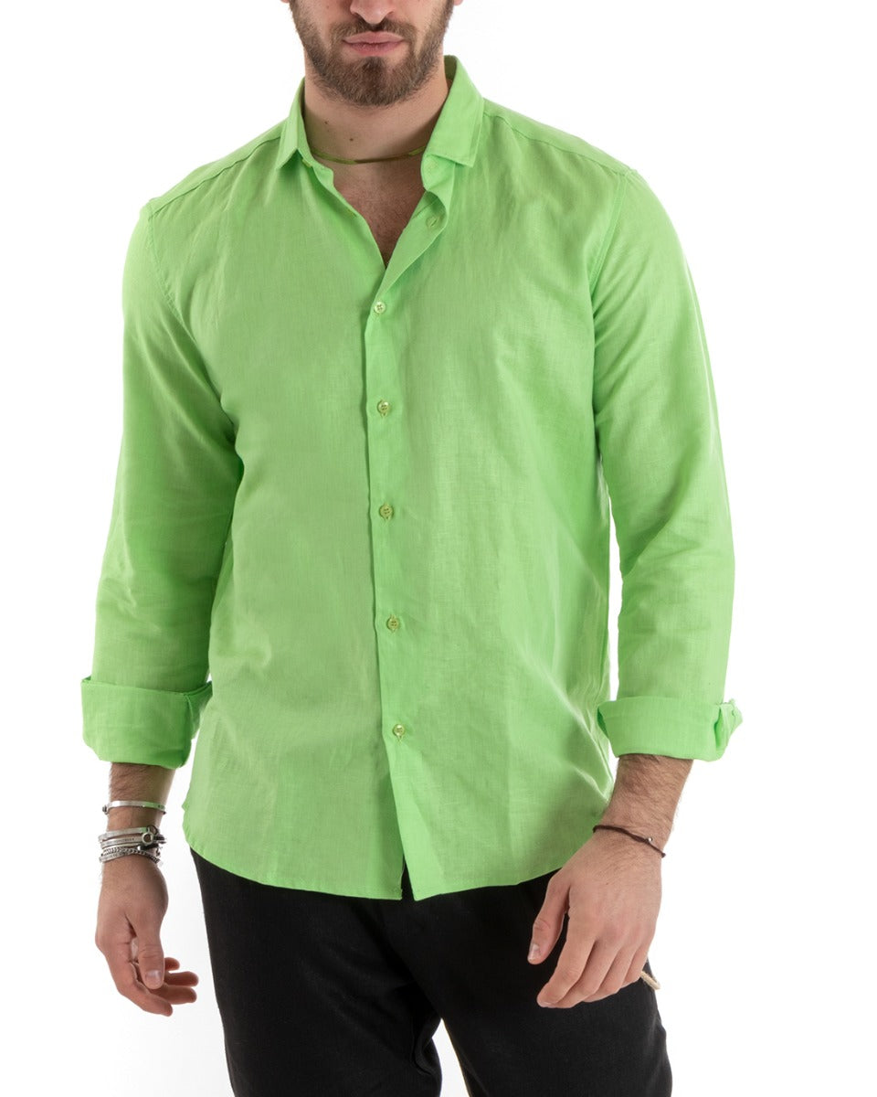 Camicia Uomo Lino Collo Francese Casual Sartoriale Tinta Unita Verde Acido GIOSAL-C2719A