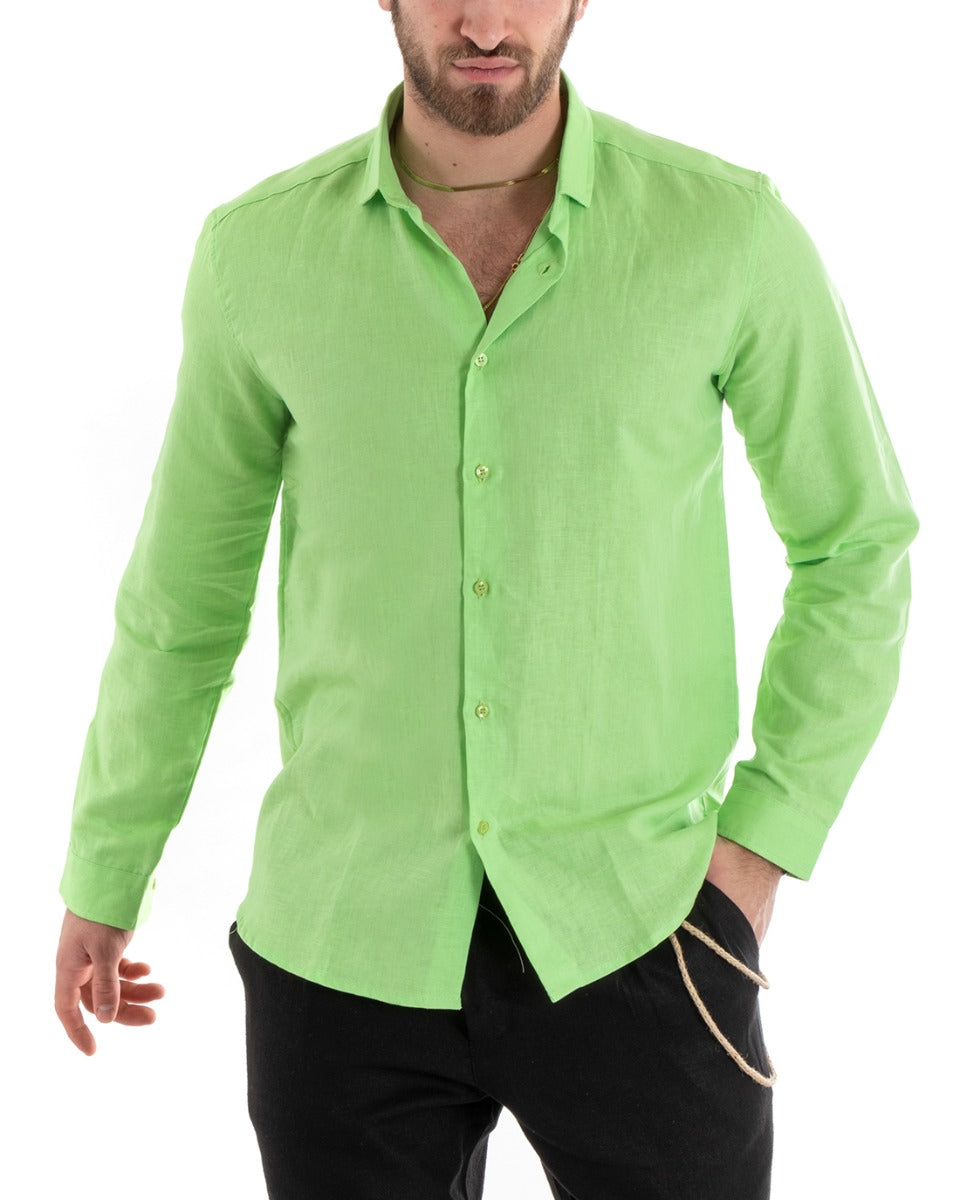 Camicia Uomo Lino Collo Francese Casual Sartoriale Tinta Unita Verde Acido GIOSAL-C2719A
