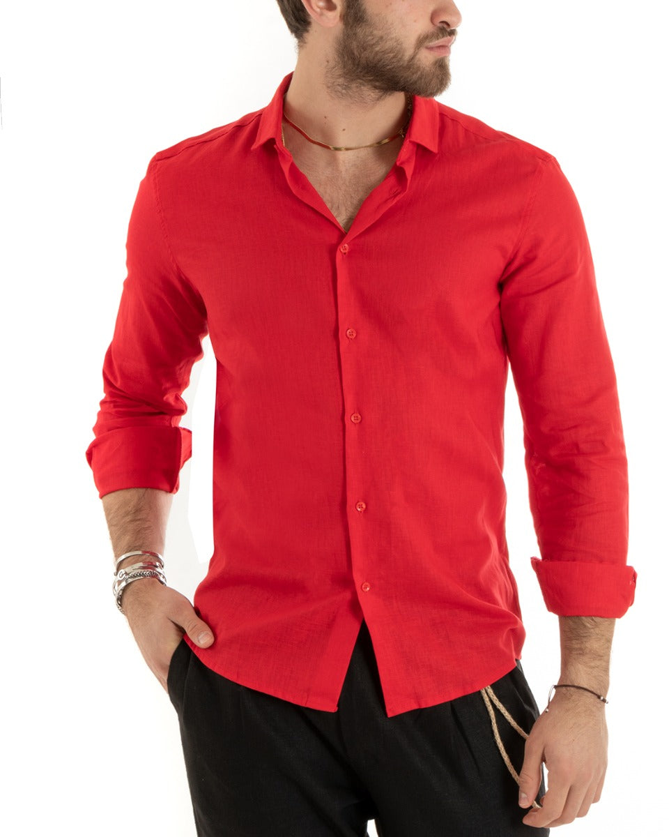 Camicia Uomo Lino Collo Francese Casual Sartoriale Tinta Unita Rosso G
