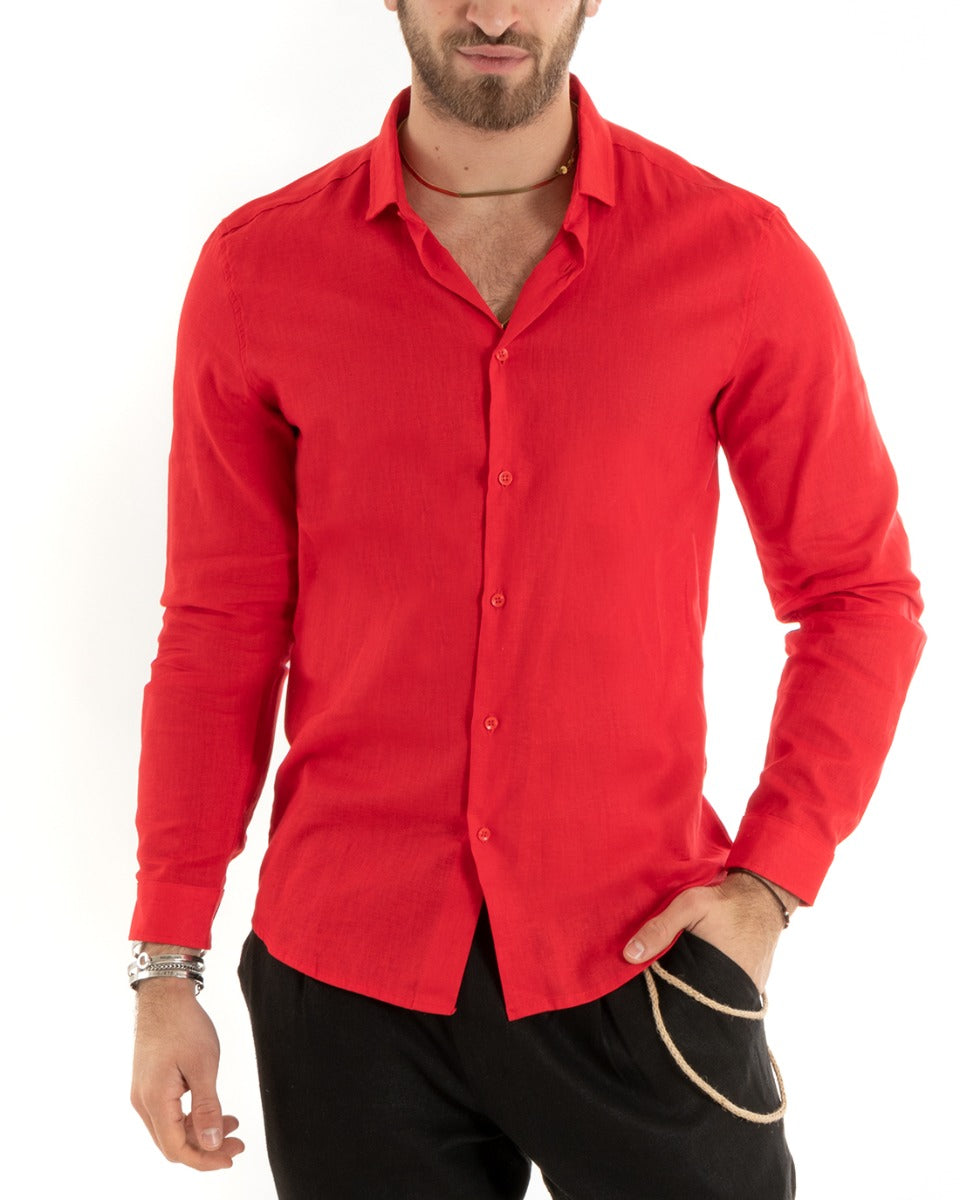 Camicia Uomo Con Colletto Tinta Unita Rosso Lino Maniche Lunghe Casual Sartoriale GIOSAL-C2721A