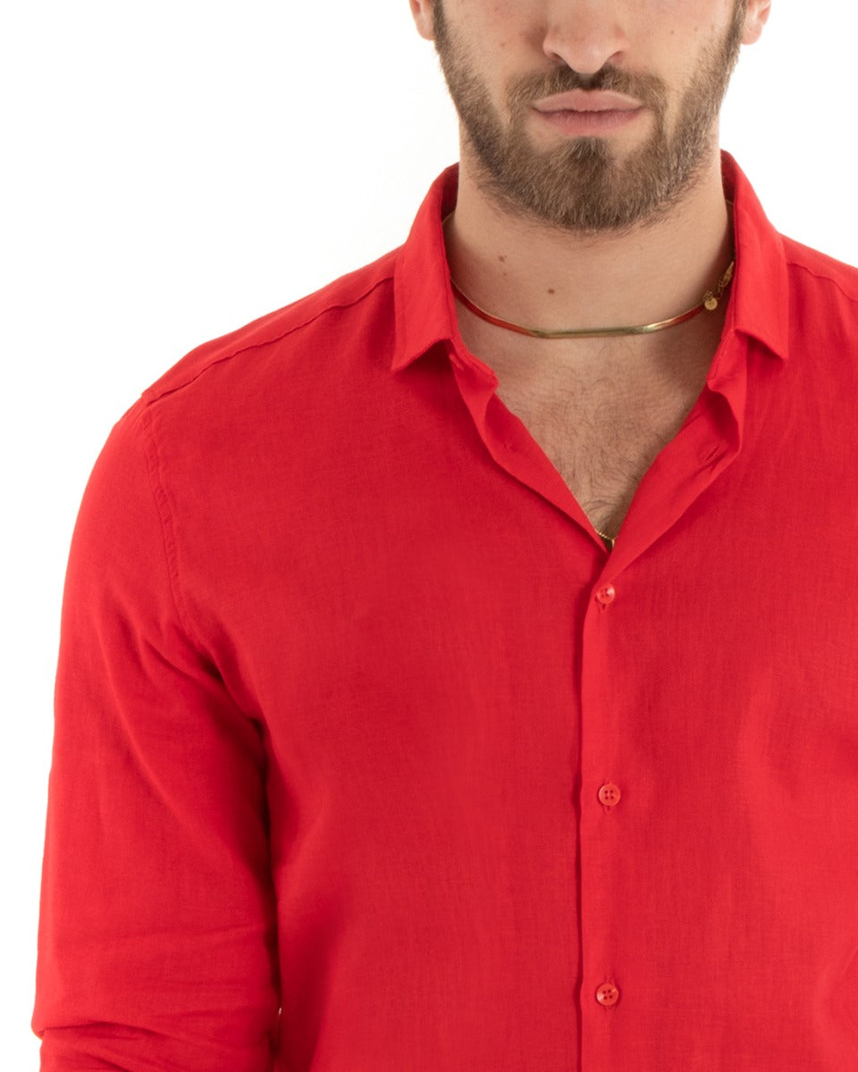Camicia Uomo Con Colletto Tinta Unita Rosso Lino Maniche Lunghe Casual Sartoriale GIOSAL-C2721A