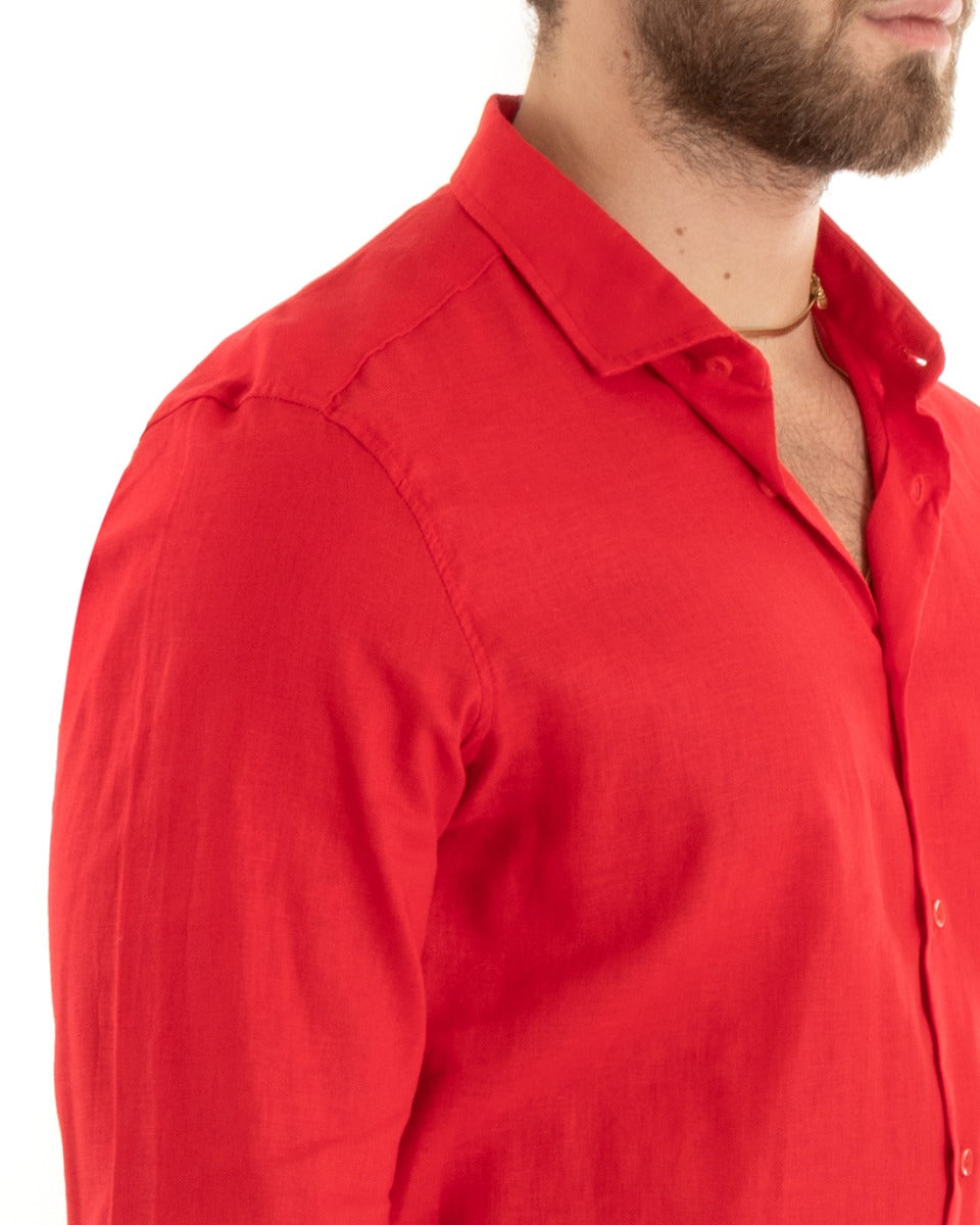 Camicia Uomo Con Colletto Tinta Unita Rosso Lino Maniche Lunghe Casual Sartoriale GIOSAL-C2721A