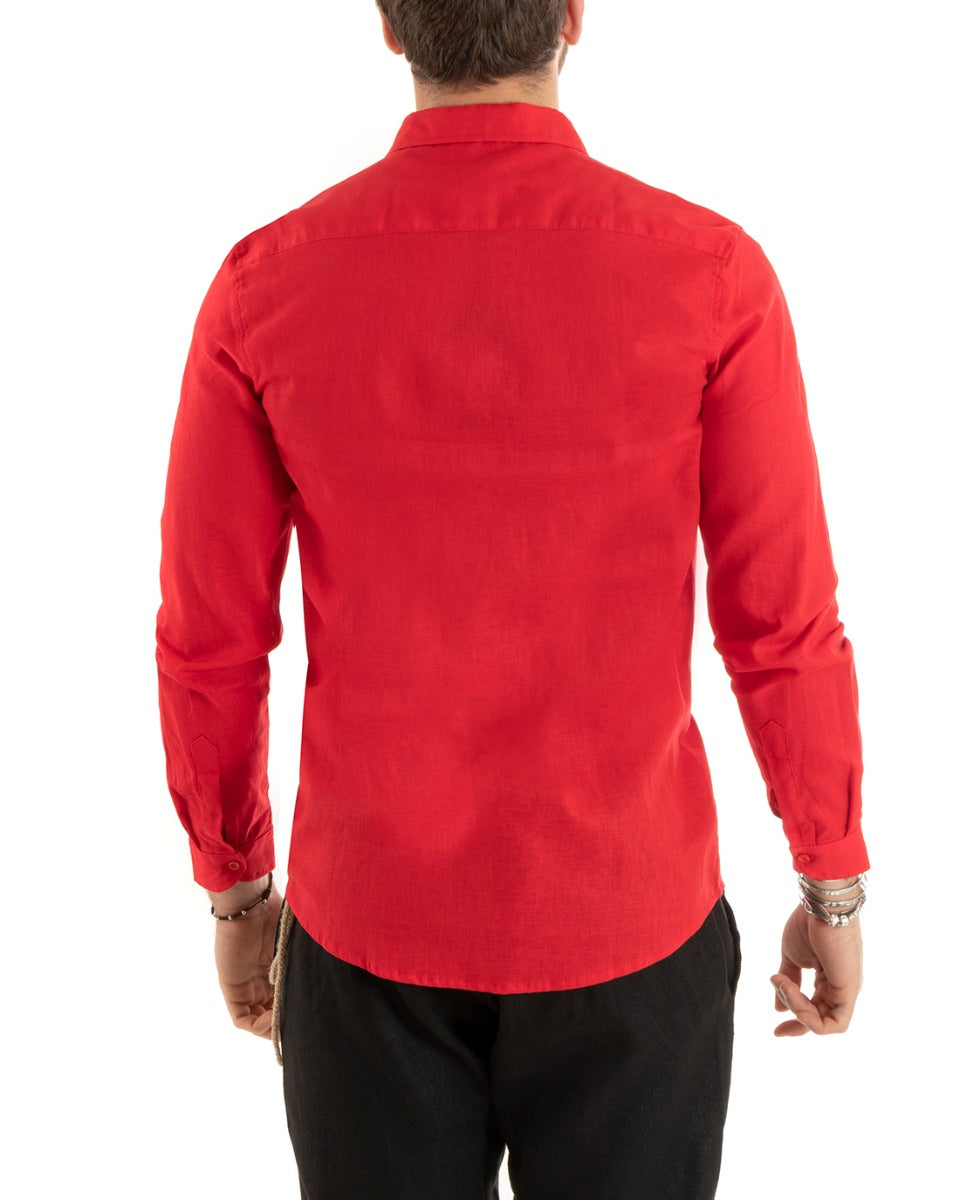 Camicia Uomo Con Colletto Tinta Unita Rosso Lino Maniche Lunghe Casual Sartoriale GIOSAL-C2721A
