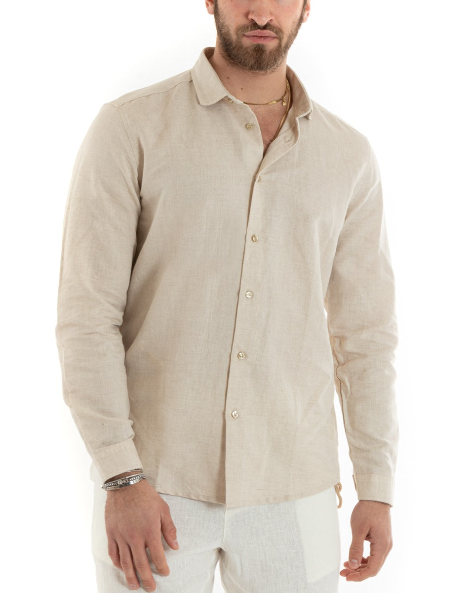 Camicia Uomo Con Colletto Tinta Unita Beige Lino Manica Lunga Casual Sartoriale GIOSAL-C2722A