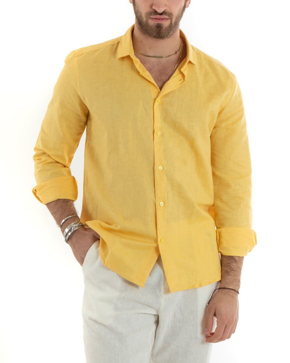 Camicia Uomo Lino Collo Francese Casual Sartoriale Tinta Unita Giallo GIOSAL-C2723A