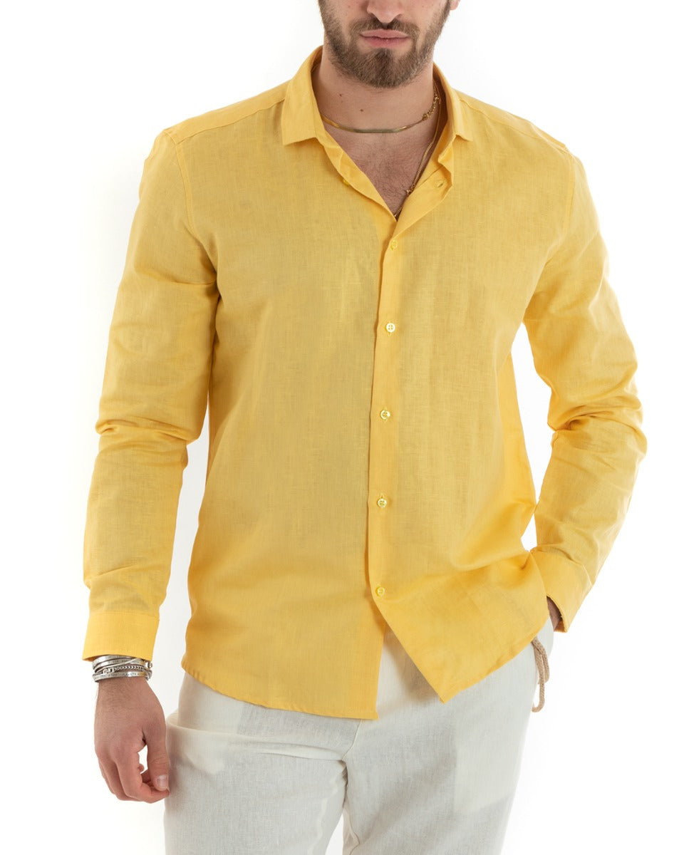 Camicia Uomo Lino Collo Francese Casual Sartoriale Tinta Unita Giallo GIOSAL-C2723A