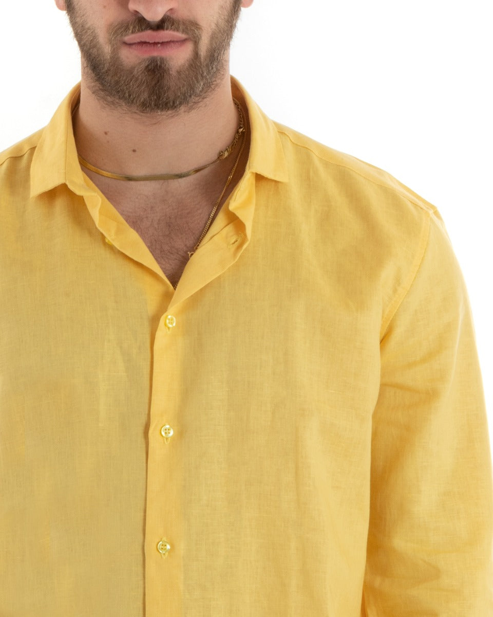 Camicia Uomo Lino Collo Francese Casual Sartoriale Tinta Unita Giallo GIOSAL-C2723A