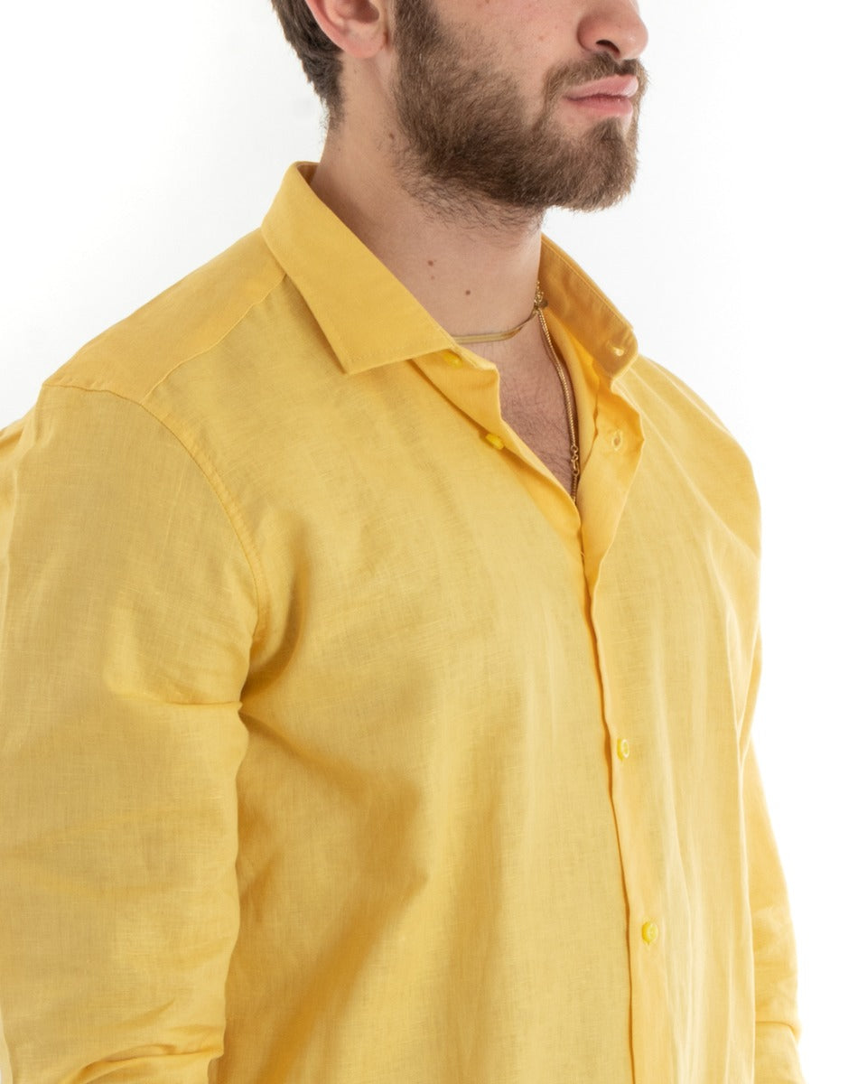 Camicia Uomo Lino Collo Francese Casual Sartoriale Tinta Unita Giallo GIOSAL-C2723A