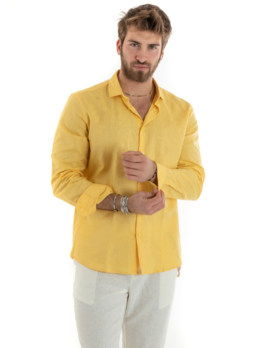 Camicia Uomo Lino Collo Francese Casual Sartoriale Tinta Unita Giallo GIOSAL-C2723A