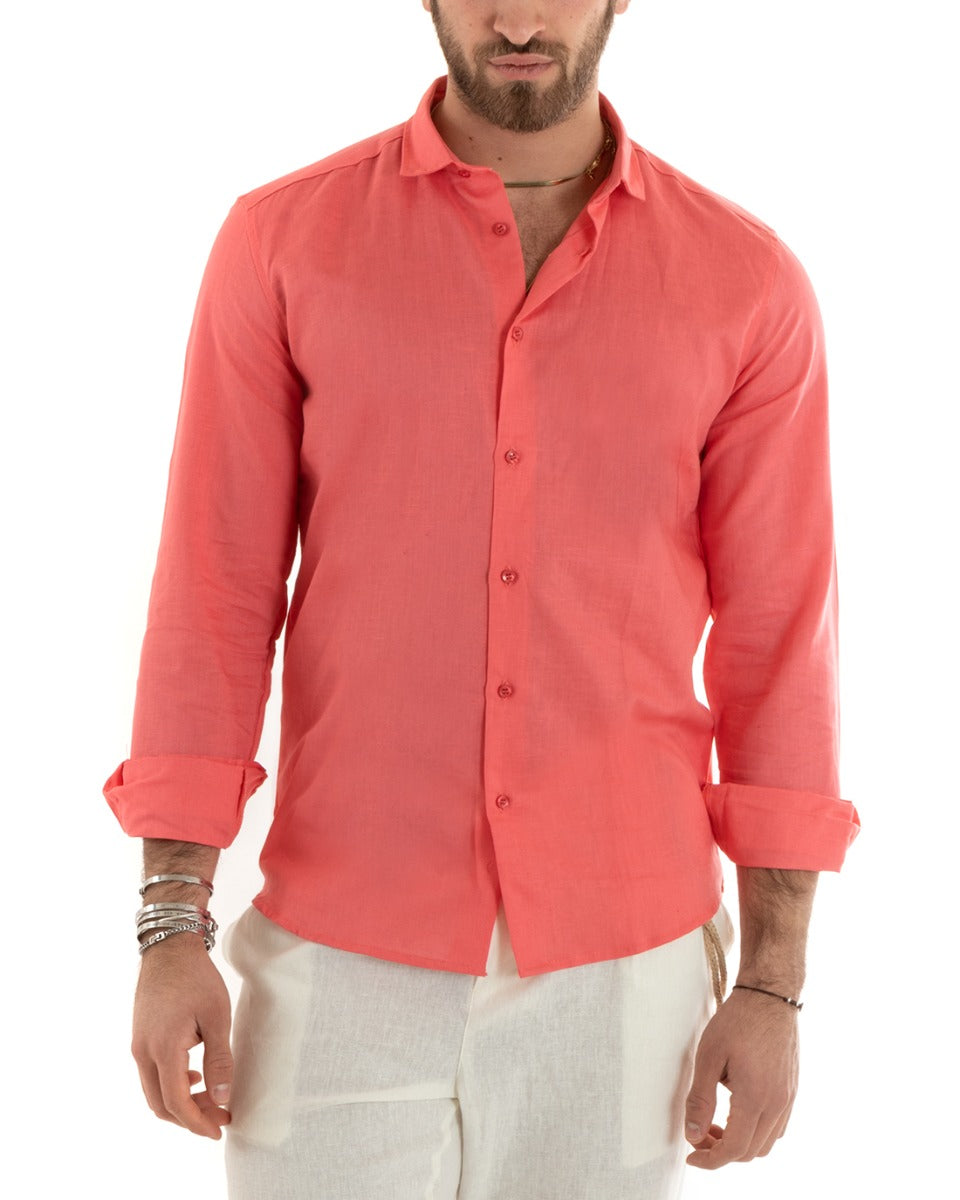 Camicia Uomo Lino Collo Francese Casual Sartoriale Tinta Unita Corallo GIOSAL-C2724A