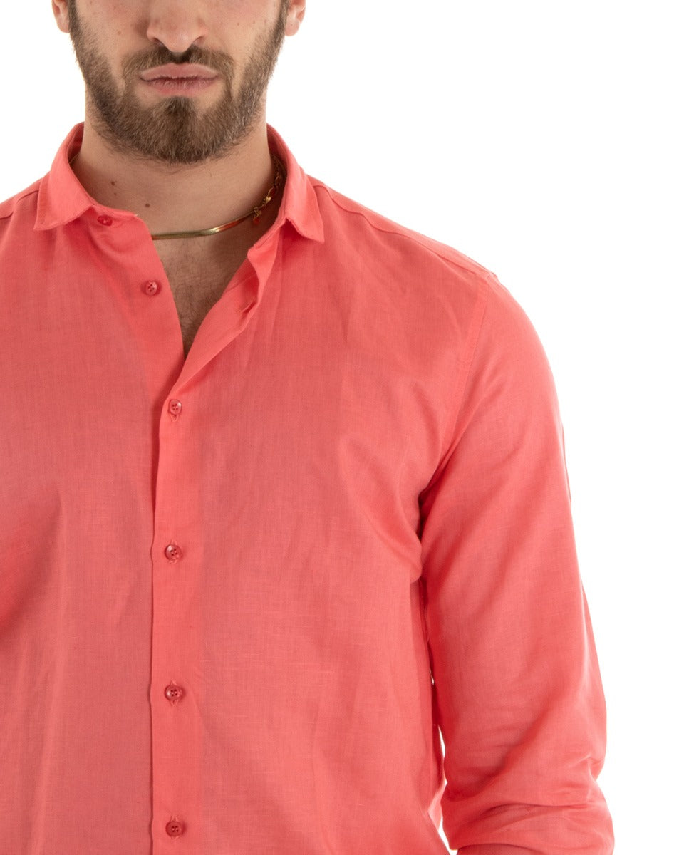 Camicia Uomo Lino Collo Francese Casual Sartoriale Tinta Unita Corallo GIOSAL-C2724A