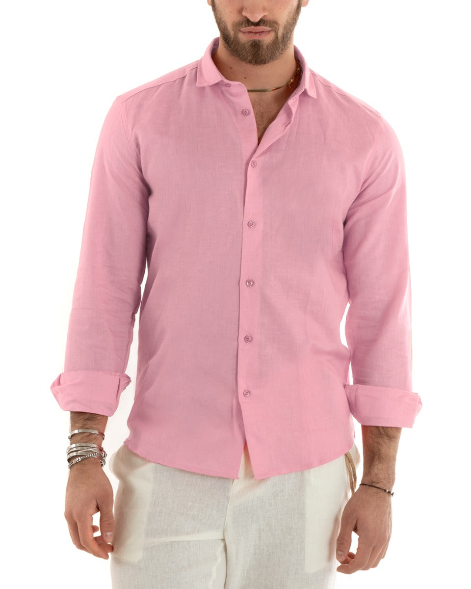 Camicia Uomo Lino Collo Francese Casual Sartoriale Tinta Unita Rosa GIOSAL-C2725A