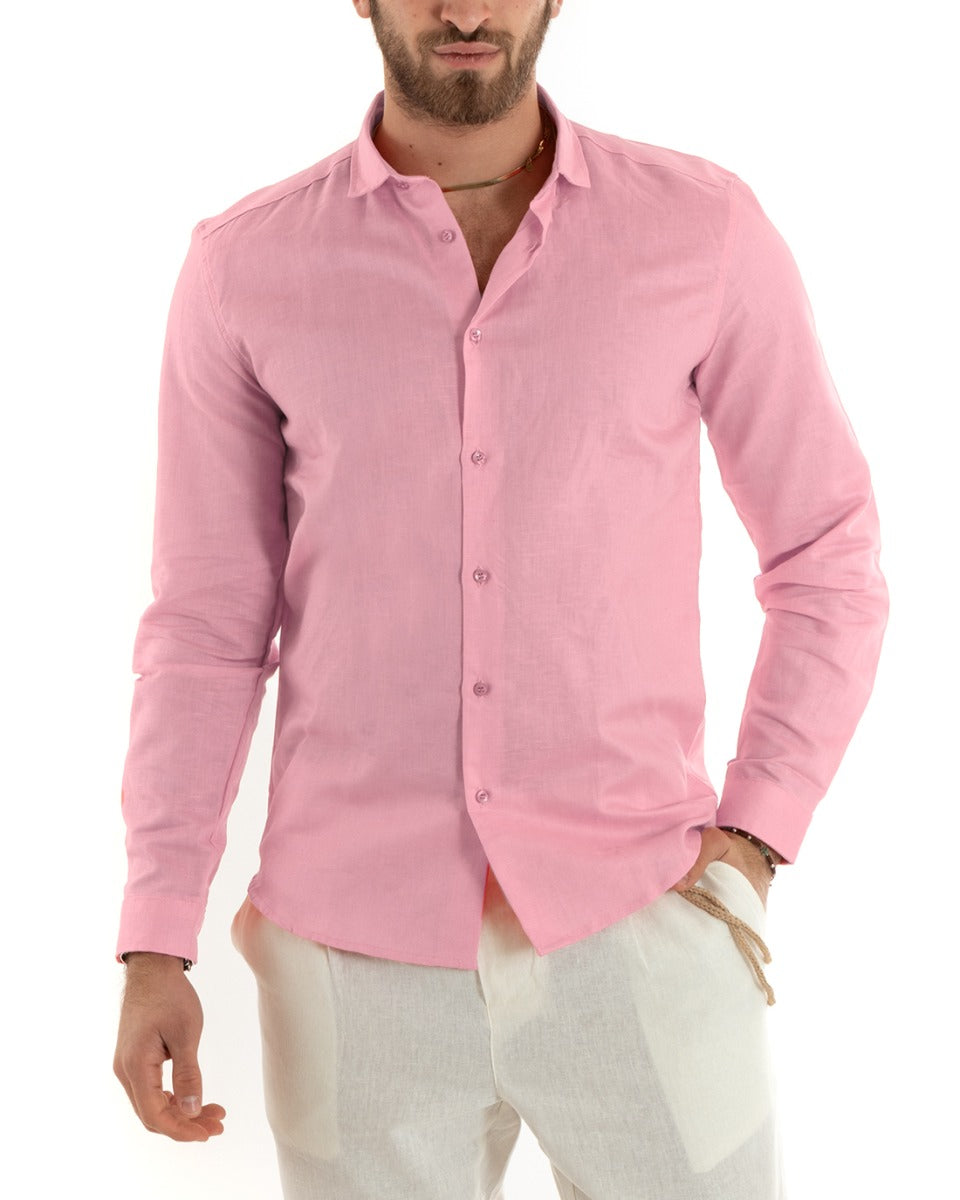 Camicia Uomo Lino Collo Francese Casual Sartoriale Tinta Unita Rosa GIOSAL-C2725A