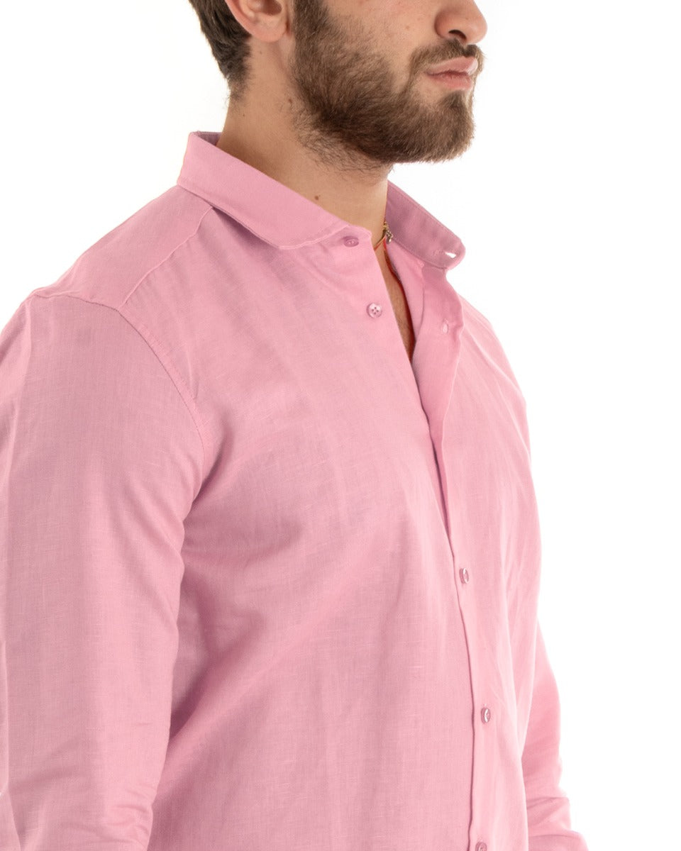 Camicia Uomo Lino Collo Francese Casual Sartoriale Tinta Unita Rosa GIOSAL-C2725A