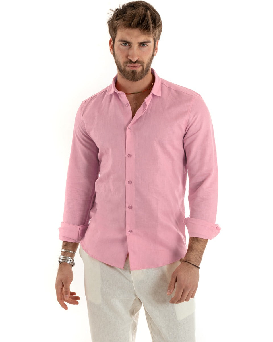 Camicia Uomo Lino Collo Francese Casual Sartoriale Tinta Unita Rosa GIOSAL-C2725A