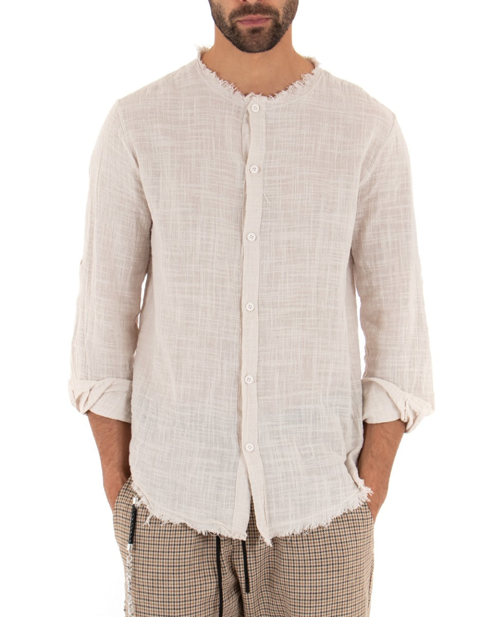 Camicia Uomo Sfrangiata Tinta Unita Beige Manica Lunga Casual Cotone Lino GIOSAL-C2727A