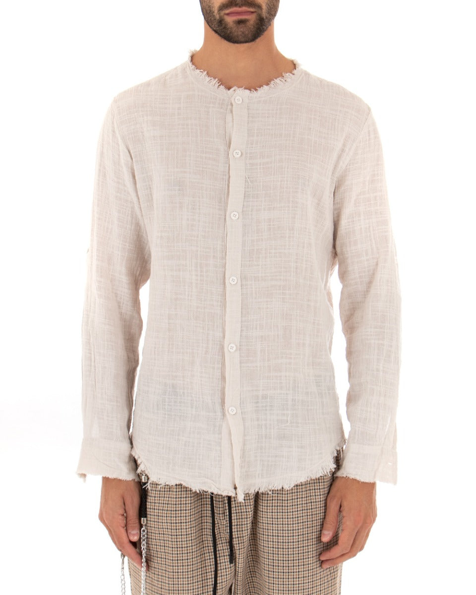 Camicia Uomo Sfrangiata Tinta Unita Beige Manica Lunga Casual Cotone Lino GIOSAL-C2727A