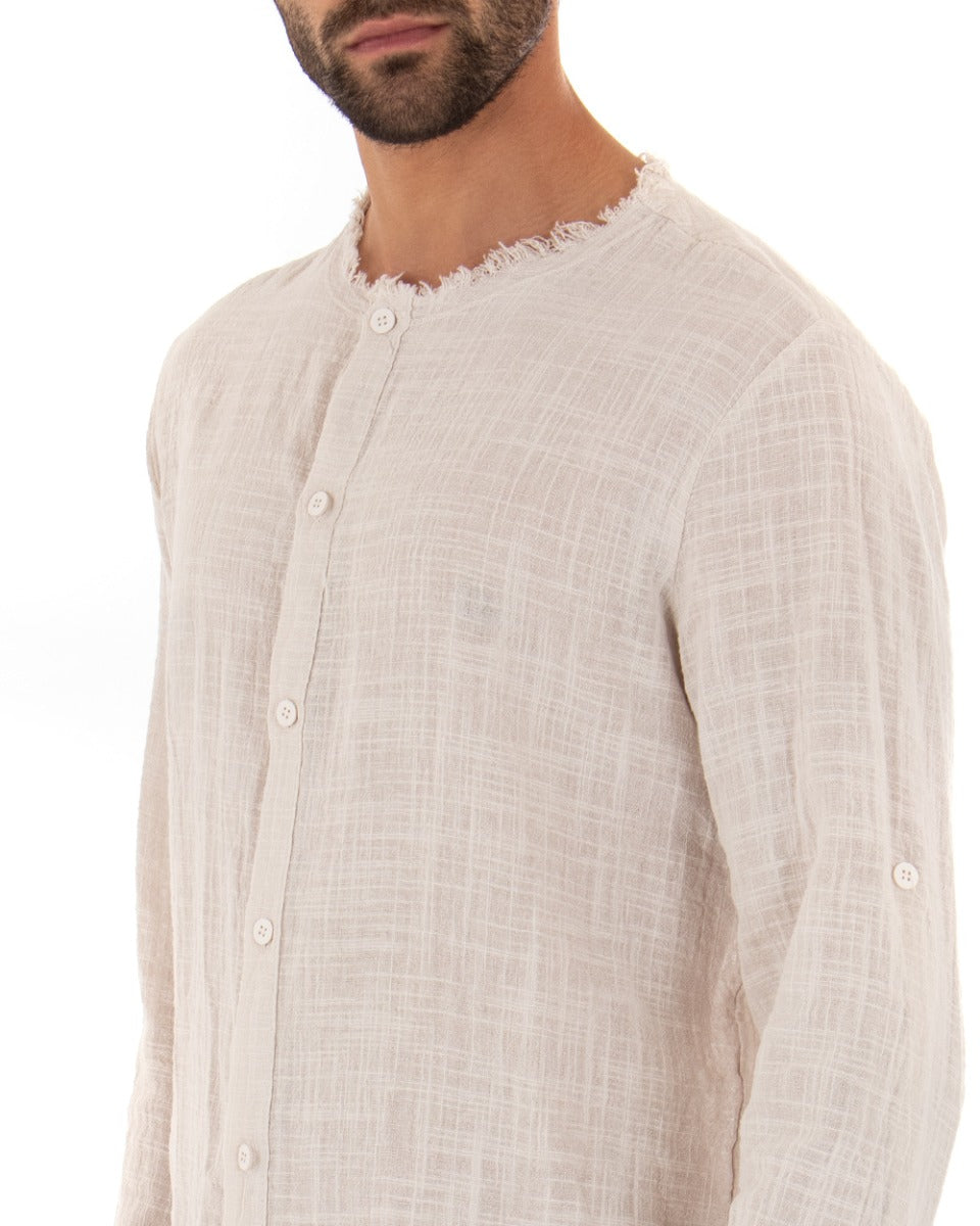 Camicia Uomo Sfrangiata Tinta Unita Beige Manica Lunga Casual Cotone Lino GIOSAL-C2727A