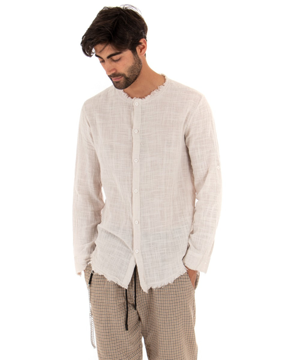 Camicia Uomo Sfrangiata Tinta Unita Beige Manica Lunga Casual Cotone Lino GIOSAL-C2727A