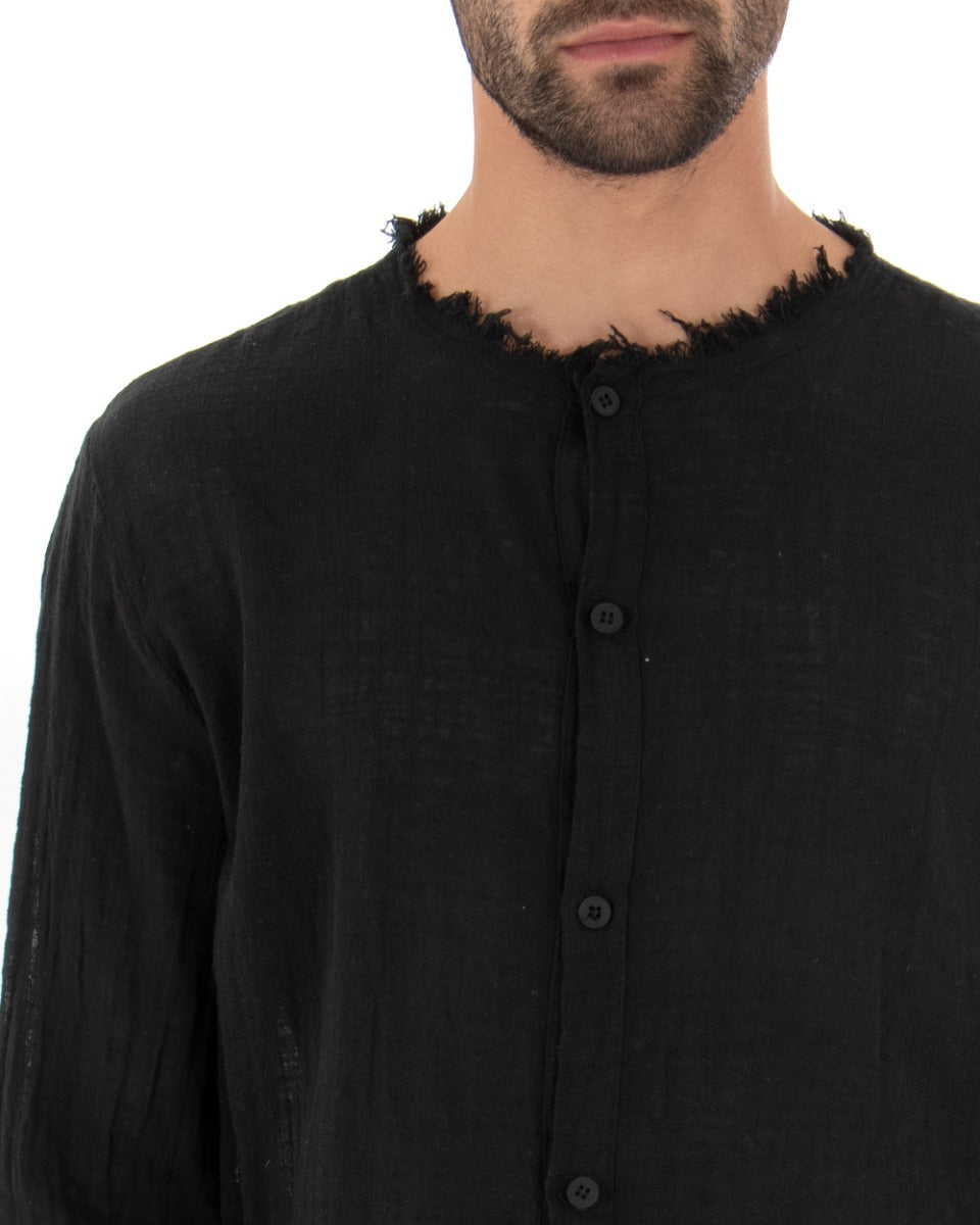 Camicia Uomo Sfrangiata Tinta Unita Nero Manica Lunga Casual Cotone Lino GIOSAL-C2730A