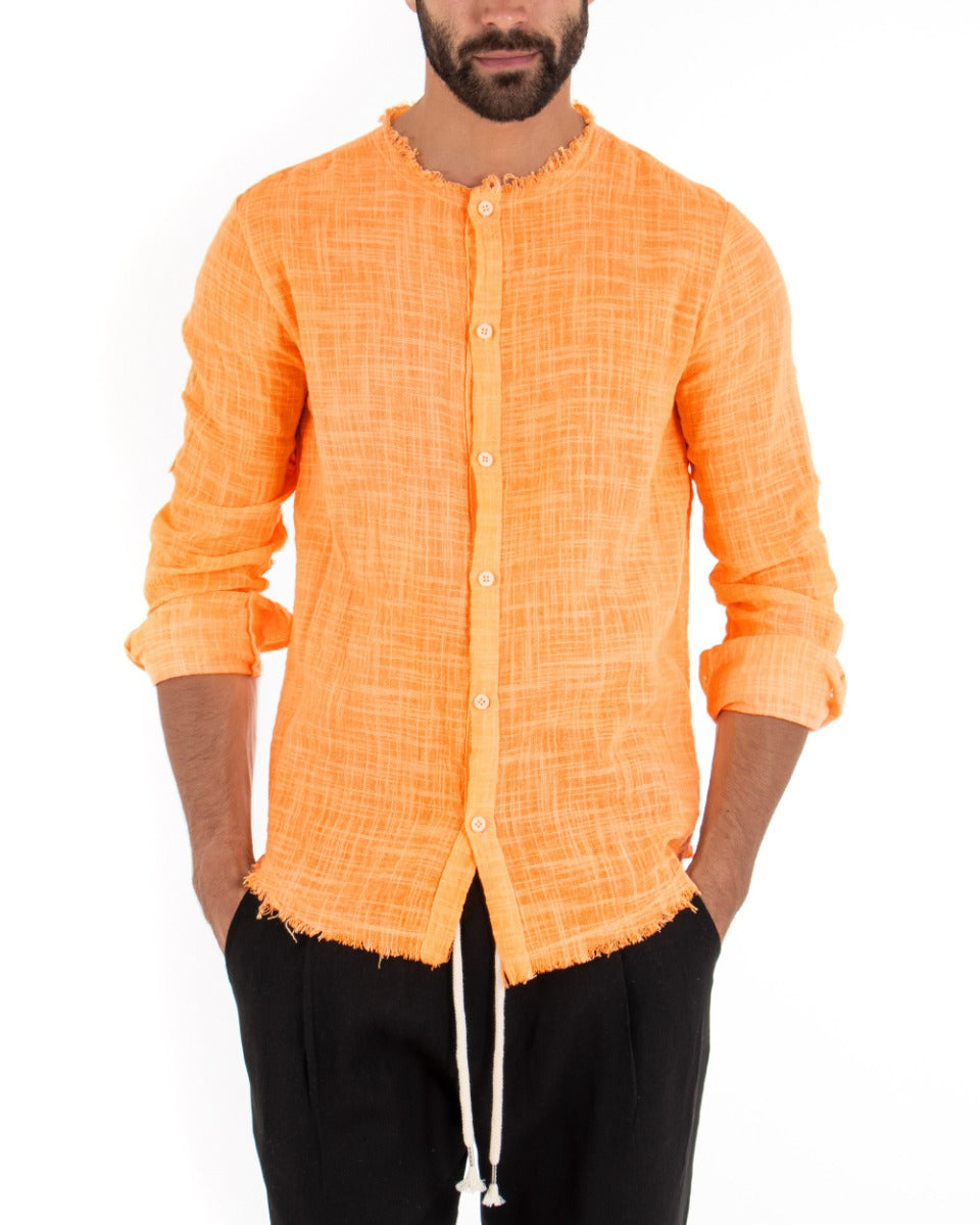 Camicia Uomo Sfrangiata Tinta Unita Arancio Fluo Manica Lunga Casual Cotone Lino GIOSAL-C2733A