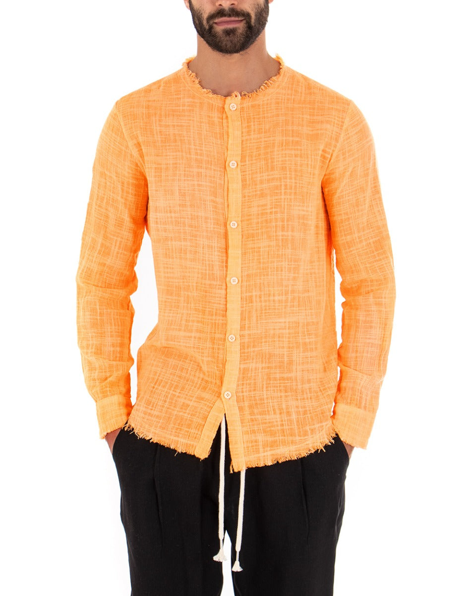 Camicia Uomo Sfrangiata Tinta Unita Arancio Fluo Manica Lunga Casual Cotone Lino GIOSAL-C2733A