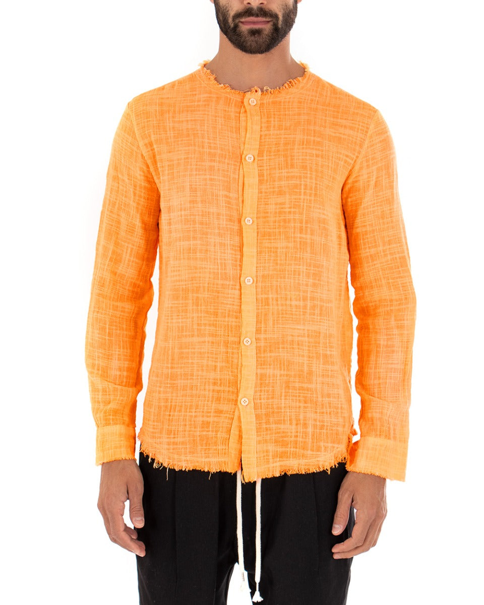 Camicia Uomo Sfrangiata Tinta Unita Arancio Fluo Manica Lunga Casual Cotone Lino GIOSAL-C2733A