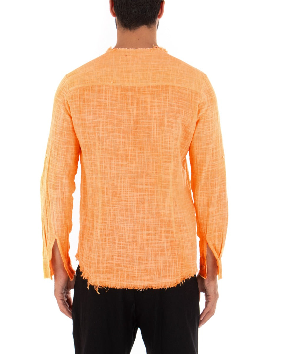 Camicia Uomo Sfrangiata Tinta Unita Arancio Fluo Manica Lunga Casual Cotone Lino GIOSAL-C2733A