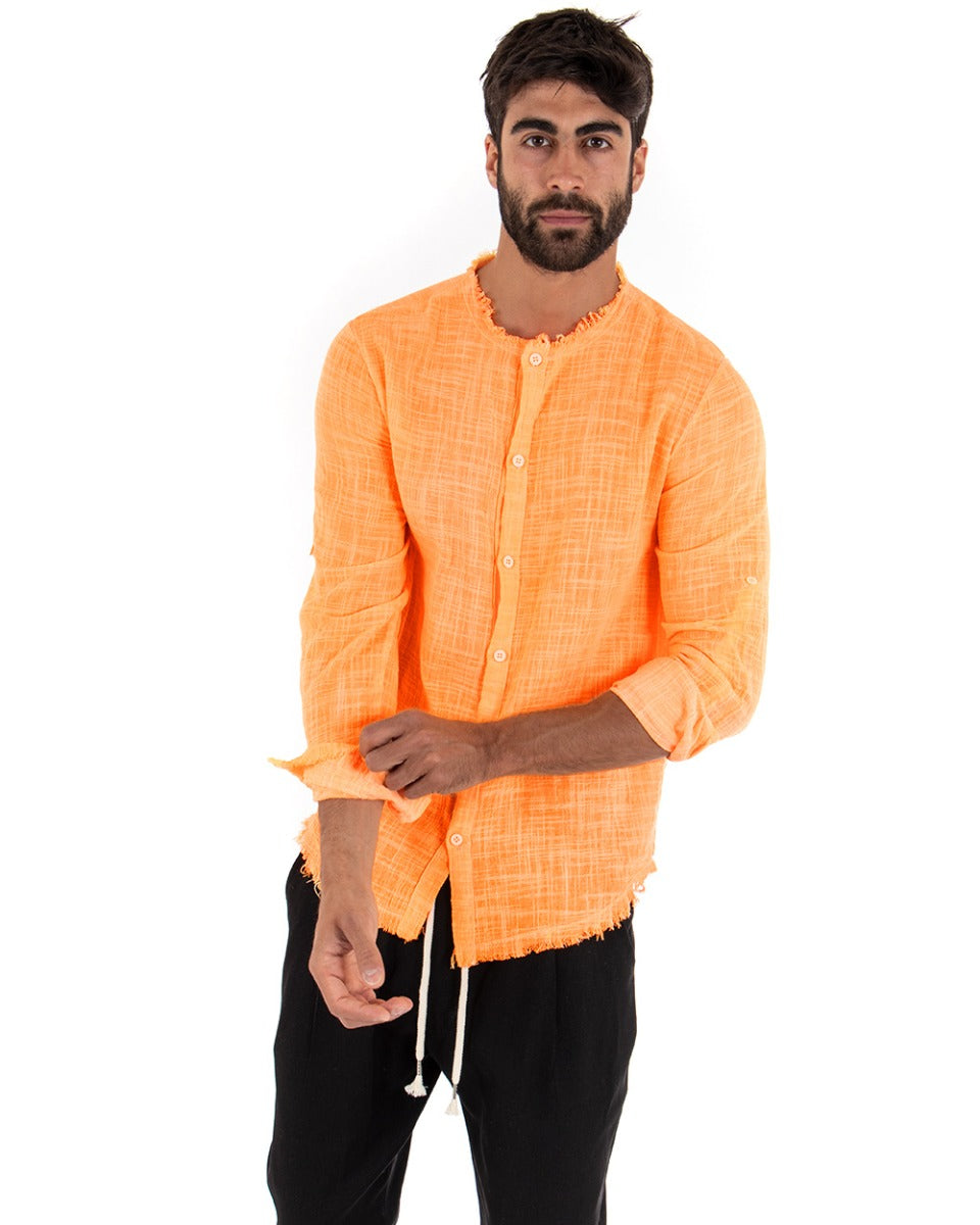 Camicia Uomo Sfrangiata Tinta Unita Arancio Fluo Manica Lunga Casual Cotone Lino GIOSAL-C2733A