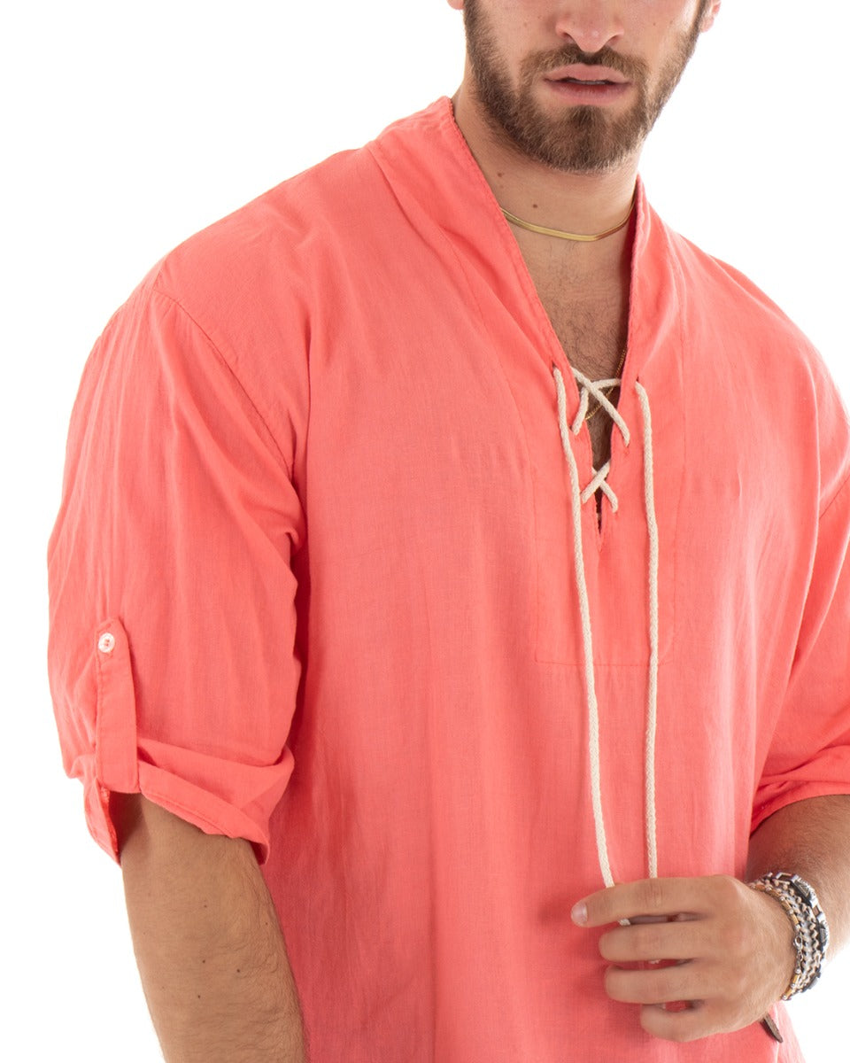 Men's Linen Shirt Solid Color Tunic 3/4 Sleeve V-Neck with Laces Casual Coral GIOSAL-C2739A