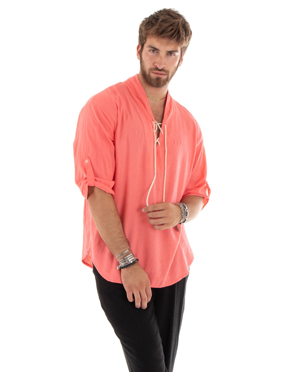 Men's Linen Shirt Solid Color Tunic 3/4 Sleeve V-Neck with Laces Casual Coral GIOSAL-C2739A