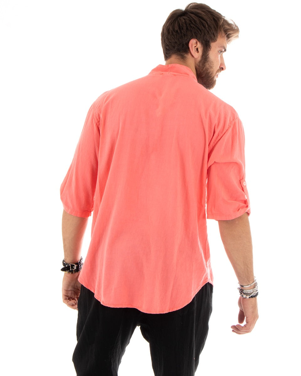 Men's Linen Shirt Solid Color Tunic 3/4 Sleeve V-Neck with Laces Casual Coral GIOSAL-C2739A