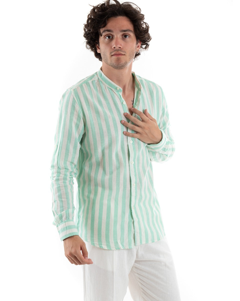 Camicia Uomo Collo Coreano Manica Lunga Lino Rigata Casual Verde Acqua GIOSAL-C2751A