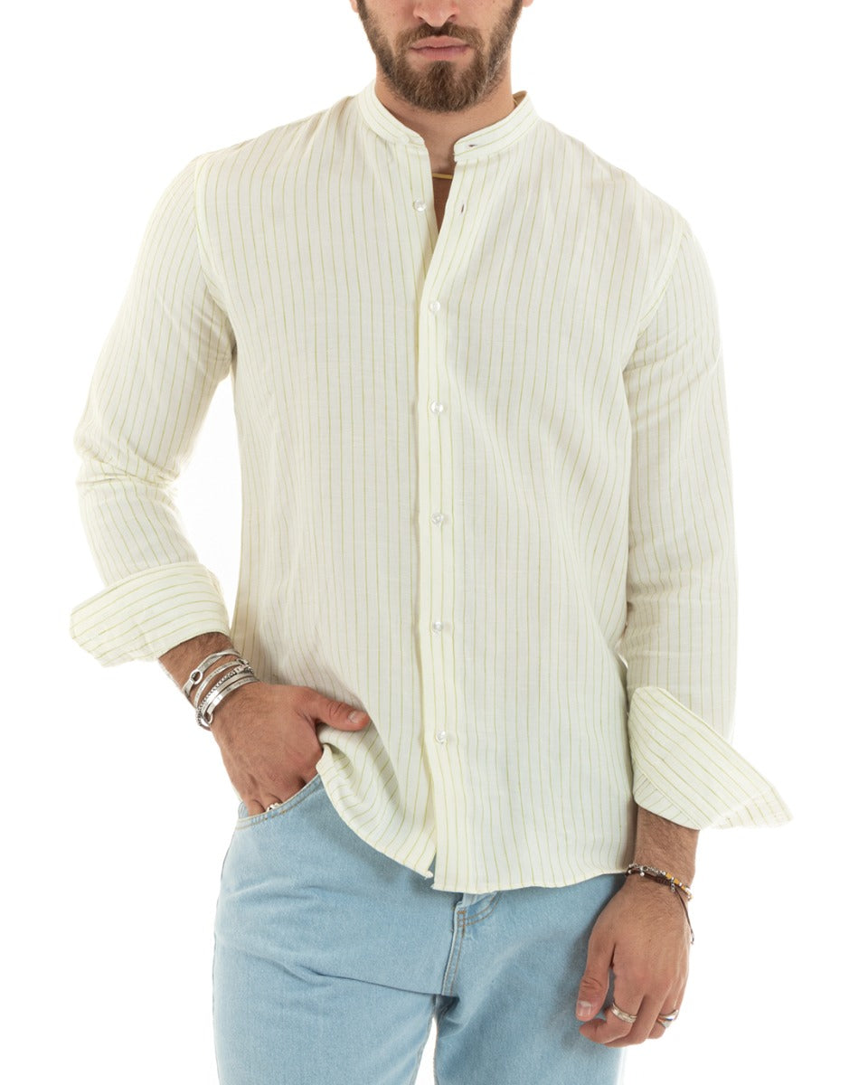 Camicia Uomo Collo Coreano Maniche Lunghe Lino Cotone Regular Fit Rigata Verde GIOSAL-C2754A