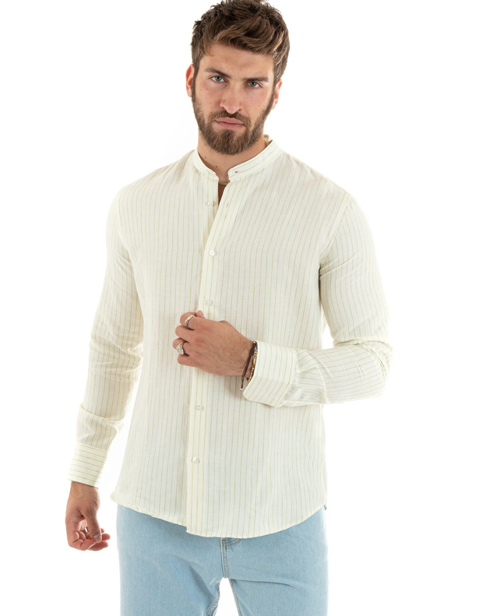 Camicia Uomo Collo Coreano Maniche Lunghe Lino Cotone Regular Fit Rigata Verde GIOSAL-C2754A